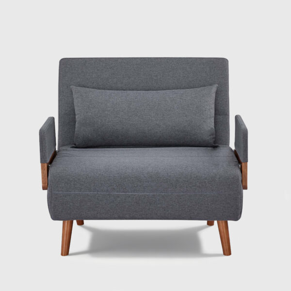 Convertible gray sofa chair bed with product size dimensions, shown in both chair and bed positions with 265 lbs weight capacity