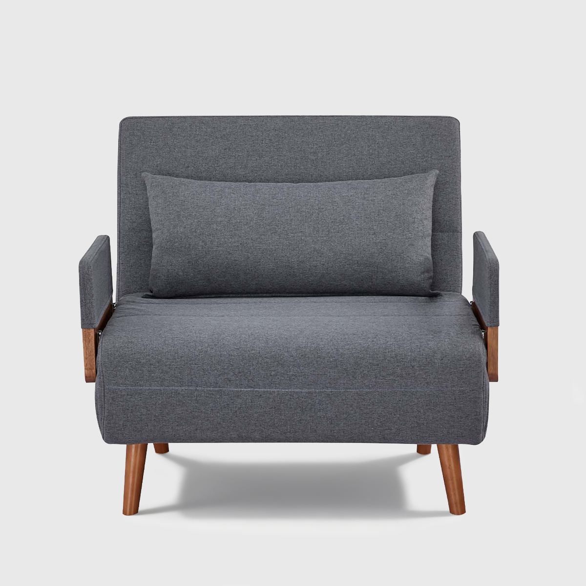 Convertible gray sofa chair bed with product size dimensions, shown in both chair and bed positions with 265 lbs weight capacity