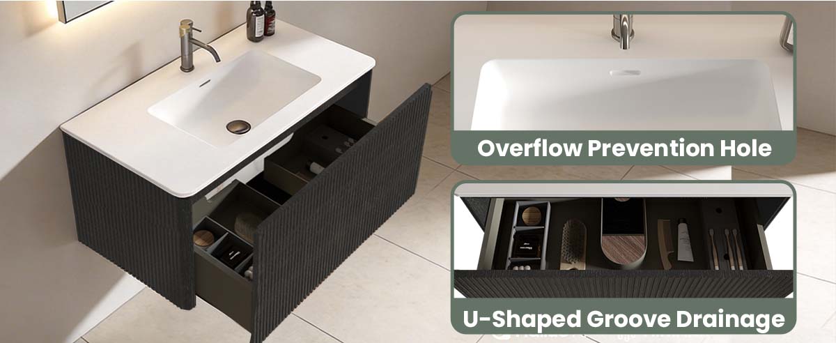 Open ETNA 36" Black Oak Bathroom Vanity, Showing Soft-Close Drawer Storage, Overflow Prevention Hole & U-Shaped Groove Drainage