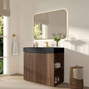 36 inch Winston walnut bathroom vanity with sink, freestanding design with one-piece black quartz basin