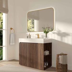 36 inch Winston walnut bathroom vanity with sink, freestanding design with one-piece white quartz basin