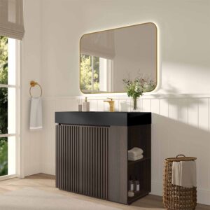 36 inch smoked oak bathroom vanity with sink, freestanding design with one-piece white quartz basin