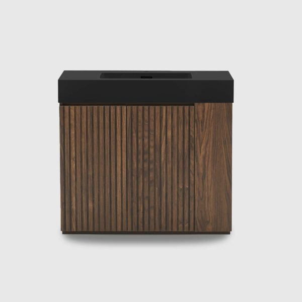 Winston walnut bathroom vanity with sink 36 inch Winston walnut bathroom vanity with sink, freestanding design with one-piece black quartz basin