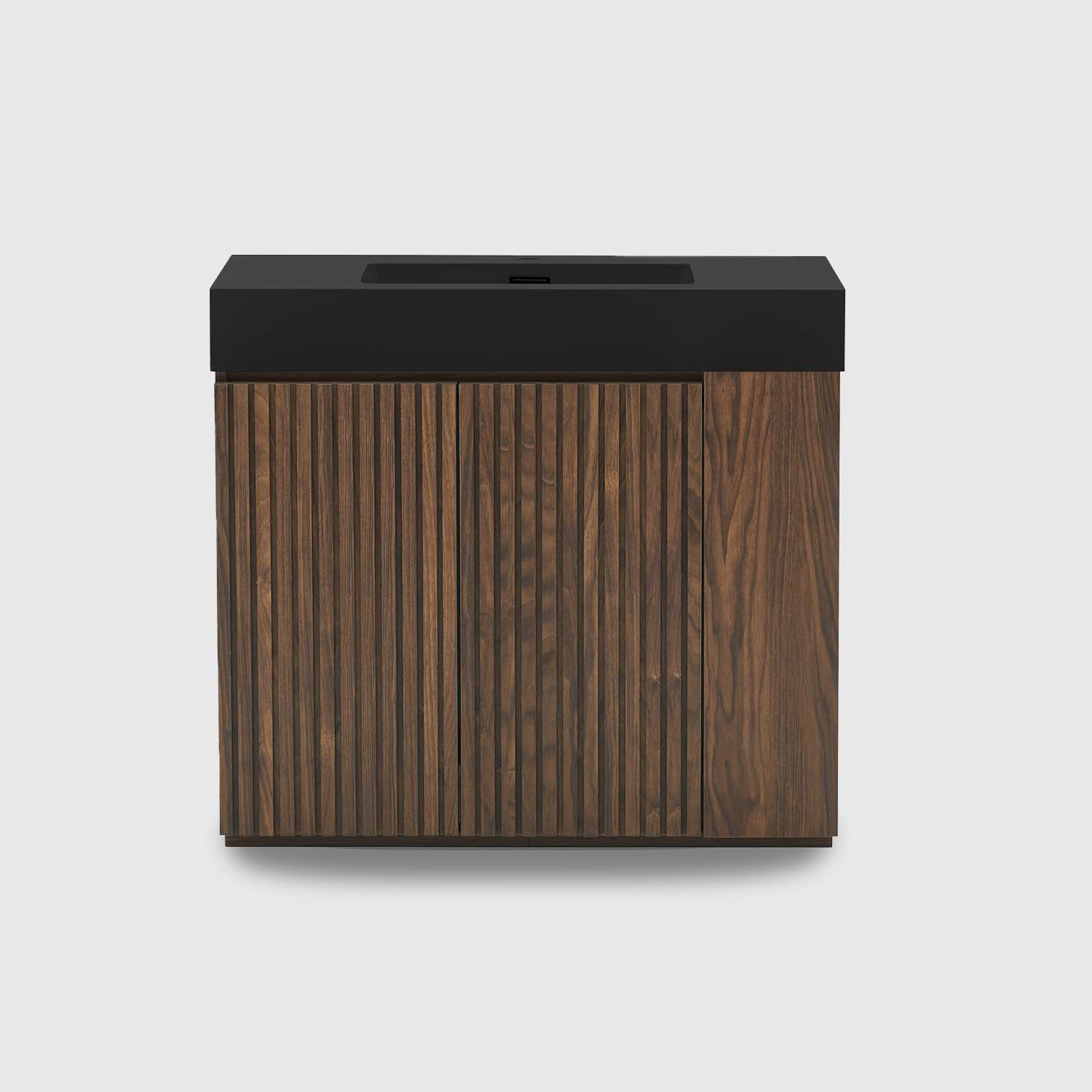 Winston walnut bathroom vanity with sink 36 inch Winston walnut bathroom vanity with sink, freestanding design with one-piece black quartz basin