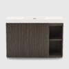 48 Inch Freestanding Walnut Bathroom Vanity with Single Sink, White Engineered Stone Top, Soft-Closing Doors, Adjustable Shelf and Open Side Storage