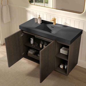 48 Inch Freestanding Walnut Bathroom Vanity with Single Sink, Black Engineered Stone Top, Soft-Closing Doors, Adjustable Shelf and Open Side Storage