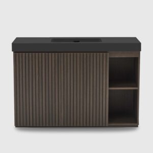 48 Inch Freestanding Walnut Bathroom Vanity with Single Sink, Black Engineered Stone Top, Soft-Closing Doors, Adjustable Shelf and Open Side Storage