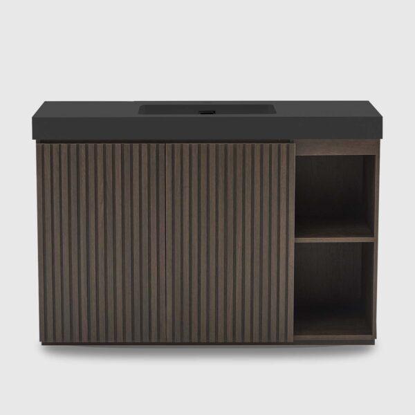 48 Inch Freestanding Walnut Bathroom Vanity with Single Sink, Black Engineered Stone Top, Soft-Closing Doors, Adjustable Shelf and Open Side Storage