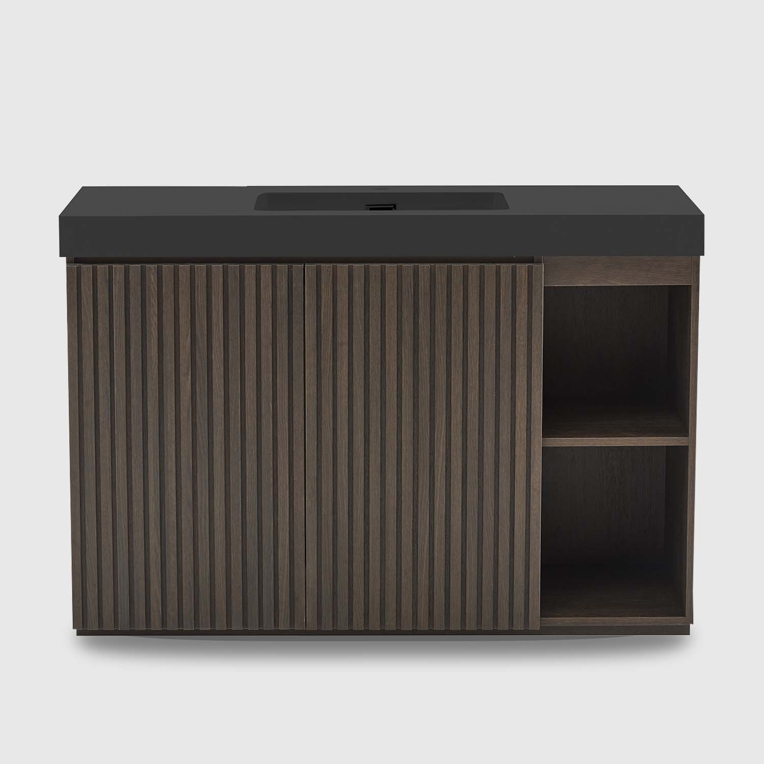 48 Inch Freestanding Walnut Bathroom Vanity with Single Sink, Black Engineered Stone Top, Soft-Closing Doors, Adjustable Shelf and Open Side Storage