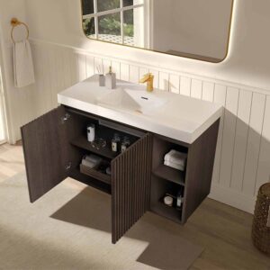 48 Inch Freestanding Walnut Bathroom Vanity with Single Sink, White Engineered Stone Top, Soft-Closing Doors, Adjustable Shelf and Open Side Storage