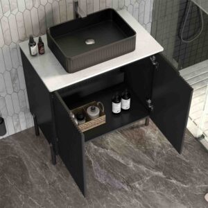 30 inch black bathroom vanity with sink, modern freestanding design with ceramic vessel sink and engineered stone top