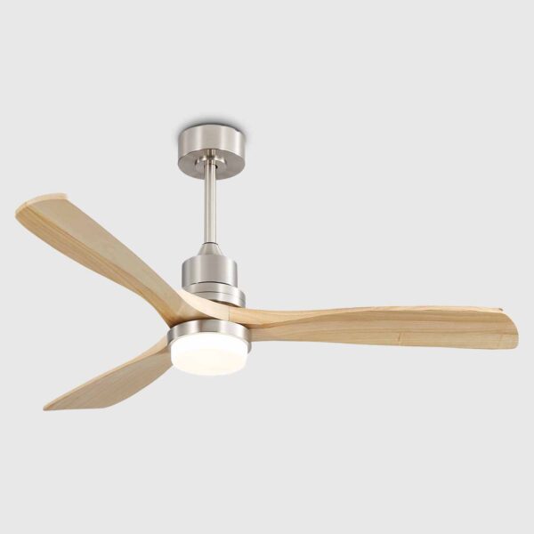 Energy-efficient 52 inch reversible DC motor ceiling fan with wood blades for year-round use