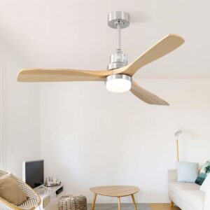 Energy-efficient 52 inch reversible DC motor ceiling fan with wood blades for year-round use