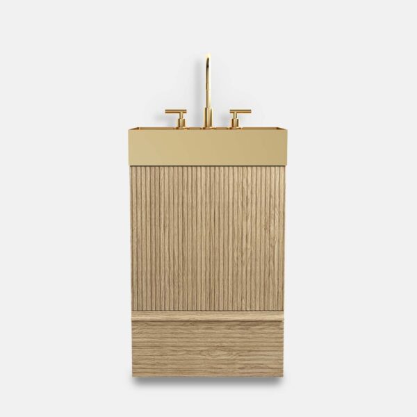 20 inch bathroom vanity with sink in light oak, featuring golden soft-close hardware and stainless steel sink for small space