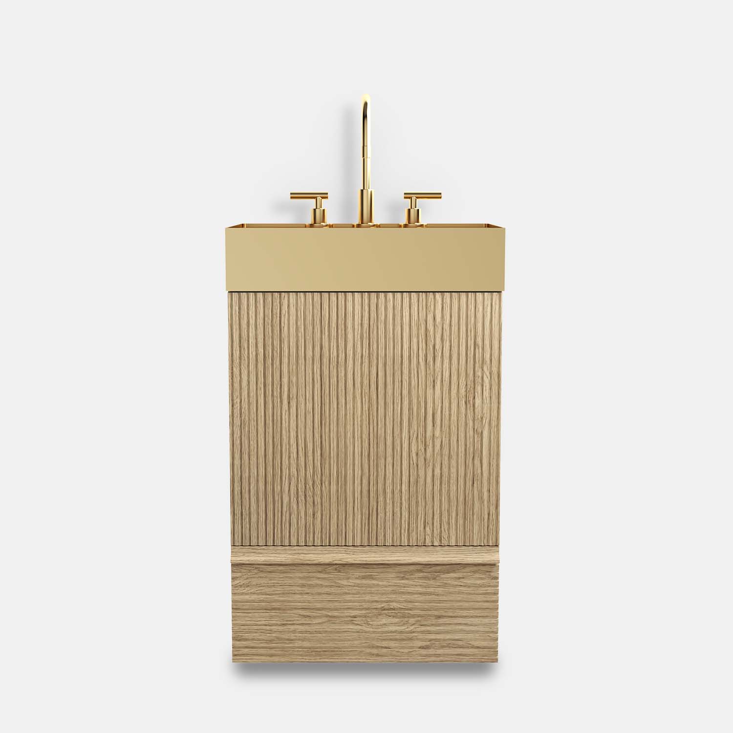 20 inch bathroom vanity with sink in light oak, featuring golden soft-close hardware and stainless steel sink for small space