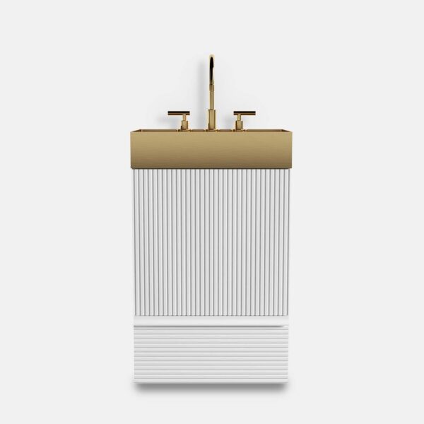 Striped Velvet White Bathroom Vanity with Integrated Brushed Gold Metal Vessel Bathroom Sink, Freestanding Bathroom Cabinet for Modern Bathroom, One-Piece Gold Metal Basin without Faucet (1)