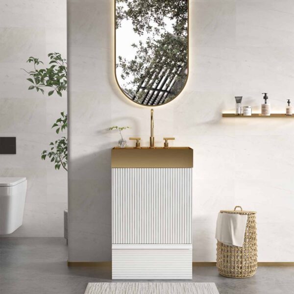 Striped Velvet White Bathroom Vanity with Integrated Brushed Gold Metal Vessel Bathroom Sink, Freestanding Bathroom Cabinet for Modern Bathroom, One-Piece Gold Metal Basin without Faucet (3)