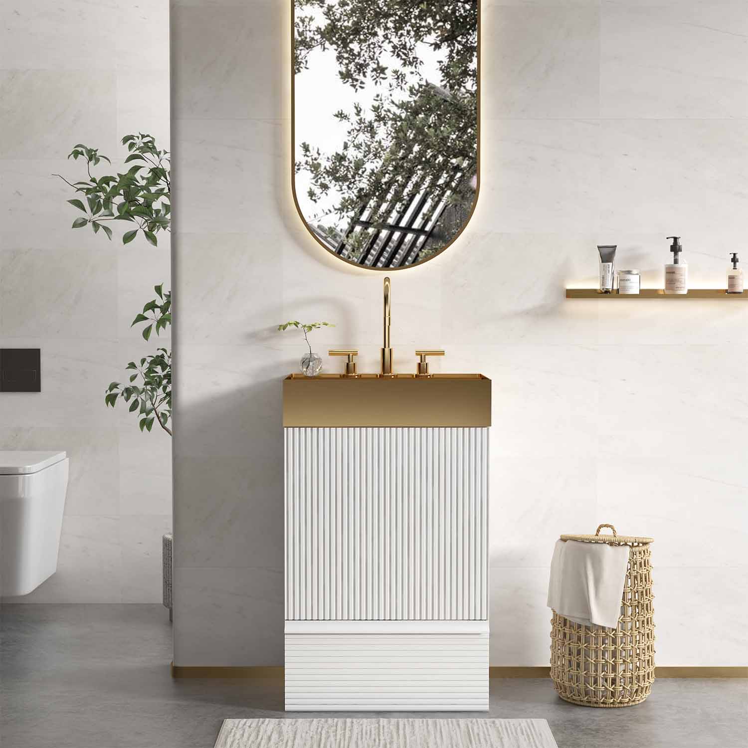 Striped Velvet White Bathroom Vanity with Integrated Brushed Gold Metal Vessel Bathroom Sink, Freestanding Bathroom Cabinet for Modern Bathroom, One-Piece Gold Metal Basin without Faucet (3)
