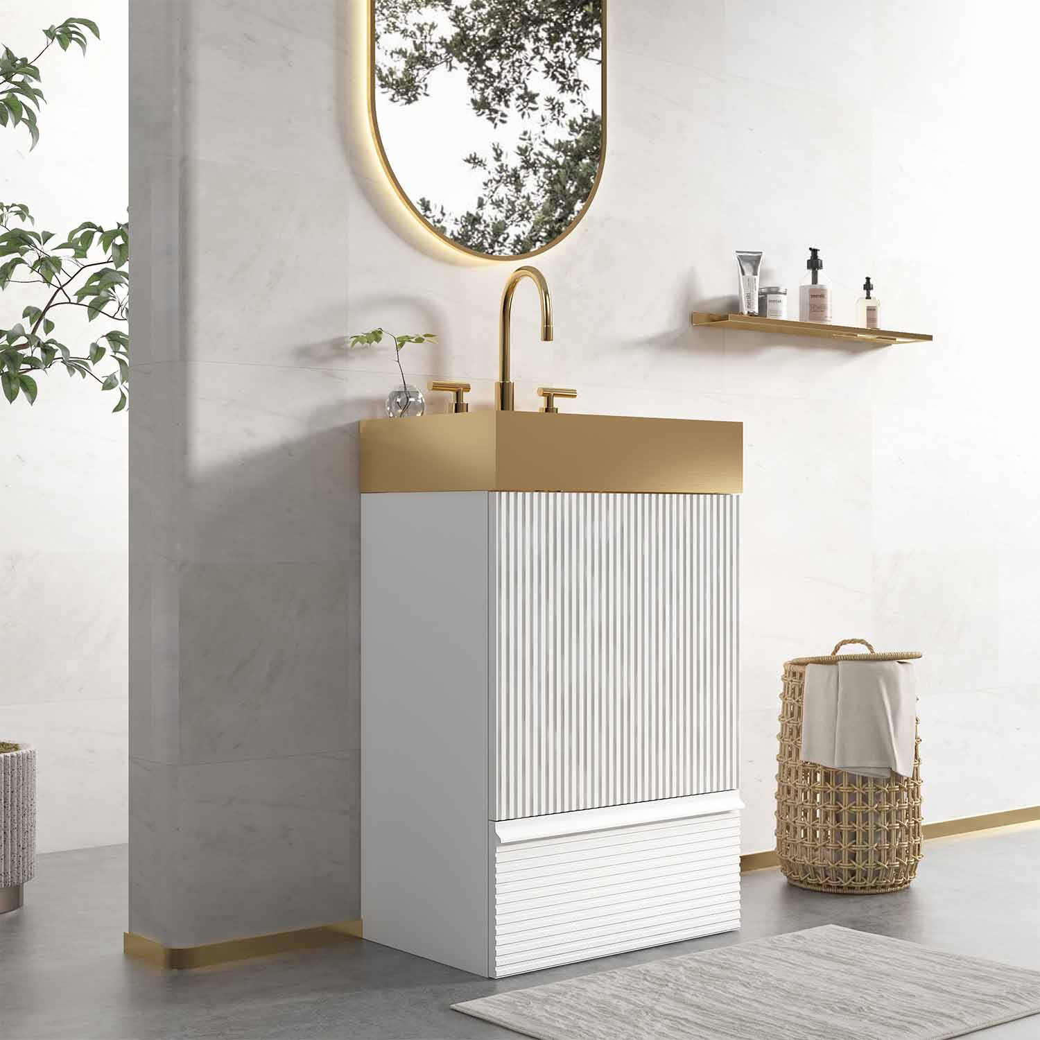 Striped Velvet White Bathroom Vanity with Integrated Brushed Gold Metal Vessel Bathroom Sink, Freestanding Bathroom Cabinet for Modern Bathroom, One-Piece Gold Metal Basin without Faucet (4)