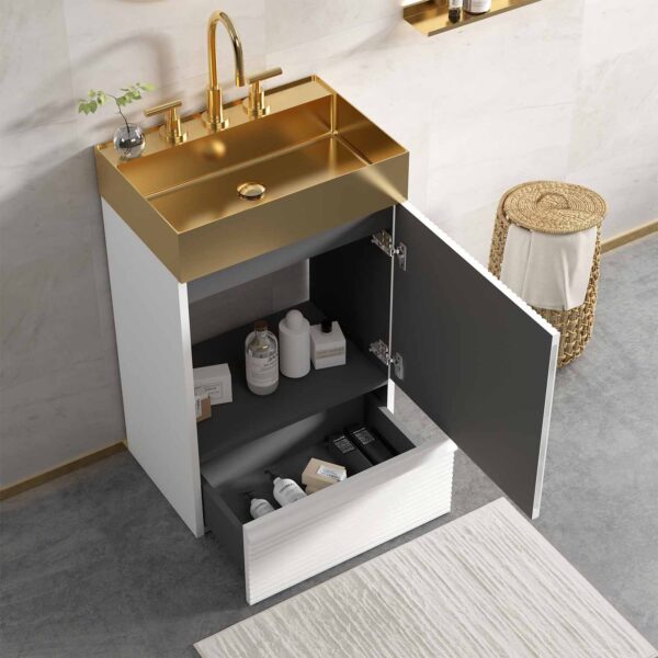 Striped Velvet White Bathroom Vanity with Integrated Brushed Gold Metal Vessel Bathroom Sink, Freestanding Bathroom Cabinet for Modern Bathroom, One-Piece Gold Metal Basin without Faucet (5)