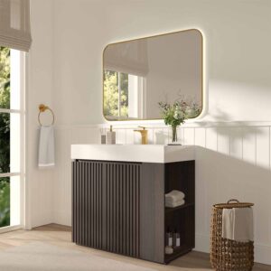 36 inch smoked oak bathroom vanity with sink, freestanding design with one-piece white quartz basin