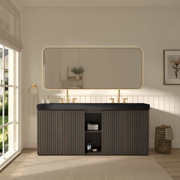 GALAN 72" Smoked Floating Bathroom Vanity with Black Countertop & Gold Hardware