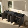 Open GALAN 72" Smoked Bathroom Vanity, Showing Interior Storage & Dual Sinks with Black Countertop