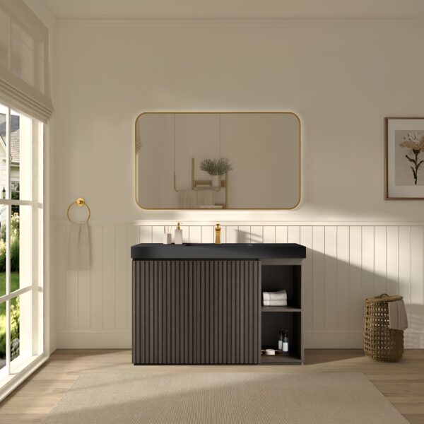 GALAN 48" Smoked Floating Bathroom Vanity with Black Countertop & Open Shelf