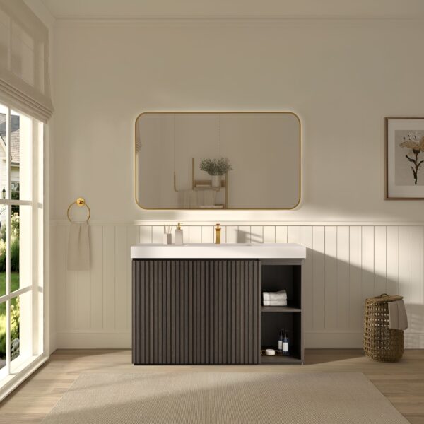 GALAN 48" Smoked Floating Bathroom Vanity with White Countertop & LED Mirror