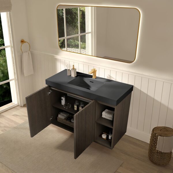 Open GALAN 48" Smoked Bathroom Vanity, Showing Interior Storage & Single Sink