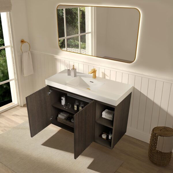 Open GALAN 48" Smoked Bathroom Vanity with White Sink & Interior Storage