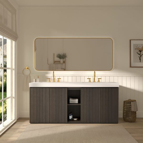 GALAN 72" Smoked Floating Bathroom Vanity with Double Sink & LED Mirror