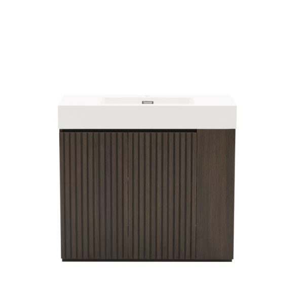 GALAN 36 Inch Freestanding Winston Walnut Bathroom Vanity with Single Sink, White Engineered Stone Top, Soft-Closing Fluted Doors, Adjustable Shelf and Open Side Storage