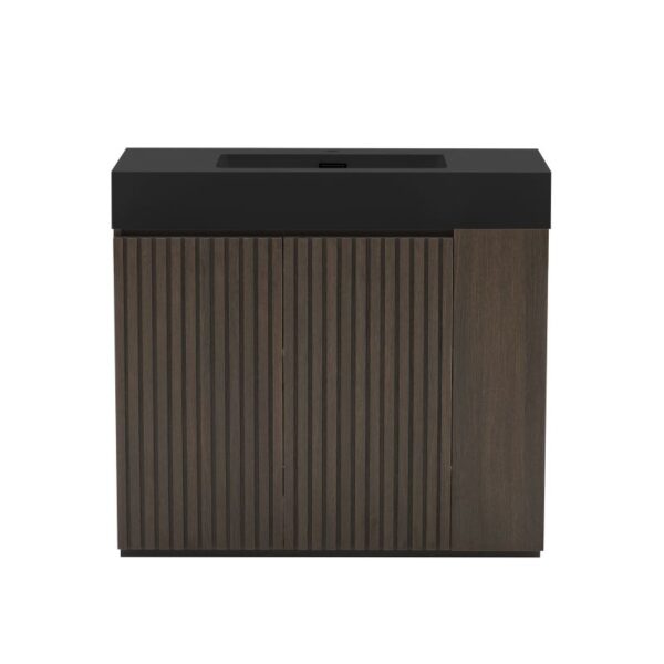 GALAN 36 Inch Freestanding Winston Walnut Bathroom Vanity with Single Sink, Black Engineered Stone Top, Soft-Closing Fluted Doors, Adjustable Shelf and Open Side Storage