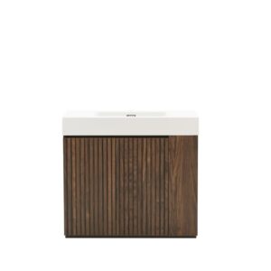 GALAN 36 Inch Freestanding Winston Walnut Bathroom Vanity with Single Sink, White Engineered Stone Top, Soft-Closing Fluted Doors, Adjustable Shelf and Open Side Storage