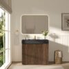 GALAN 36" Winston Walnut Bathroom Vanity, Modern Ribbed Wood Vanity with Black Top & Gold Fixtures