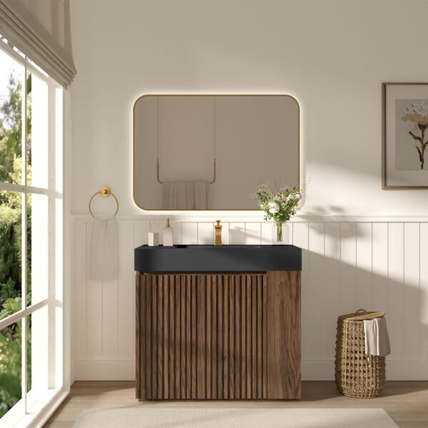 GALAN 36" Winston Walnut Bathroom Vanity, Modern Ribbed Wood Vanity with Black Top & Gold Fixtures