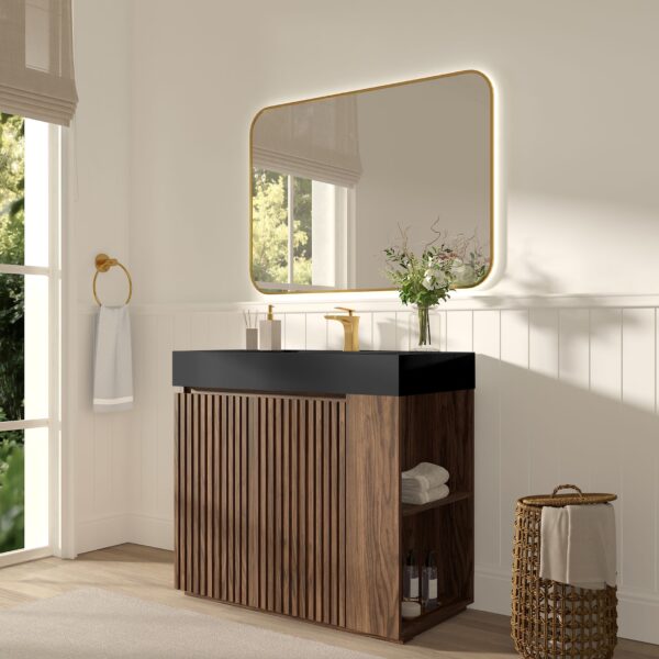 GALAN 36" Winston Walnut Bathroom Vanity with Black Countertop & Open Side Shelf