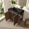 Open GALAN 36" Winston Walnut Vanity, Showing Interior Storage & Black Sink with Gold Faucet