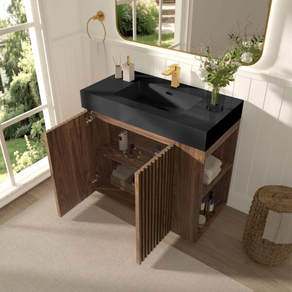 Open GALAN 36" Winston Walnut Vanity, Showing Interior Storage & Black Sink with Gold Faucet