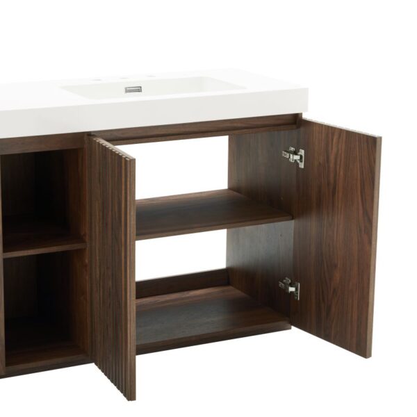 Open GALAN 72" Smoked Bathroom Vanity, Showing Spacious Interior Storage & Soft-Close Doors