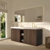 GALAN 72" Smoked Bathroom Vanity in Modern Bathroom, Side View with LED Mirror & Gold Fixtures
