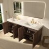 Open GALAN 72" Smoked Bathroom Vanity in Modern Bathroom, Showing Storage & Double Sinks