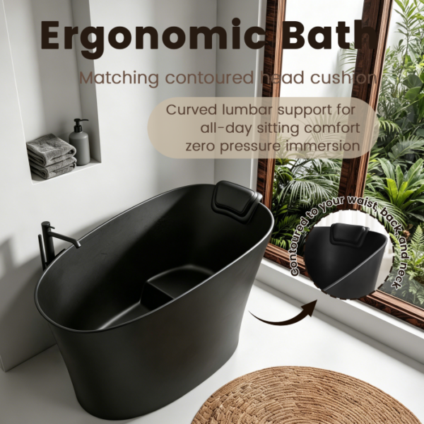 Matte white freestanding bathtub with ergonomic lumbar support and headrest