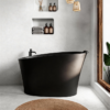 51 Inch Black Oval Solid Surface Freestanding Bathtub, Space-Saving Soaking Tub for Household Bathroom. This freestanding bathtub comes with ergonomic integral seat and comfortable headrest, matched with complete overflow and drain assembly for safe bathing. Made of high-quality durable solid surface, it is scratch resistant and waterproof for long time use. Classic black oval stylish design fits all home decoration styles, ideal for relaxing full-body soaking and storing in different size bathrooms.