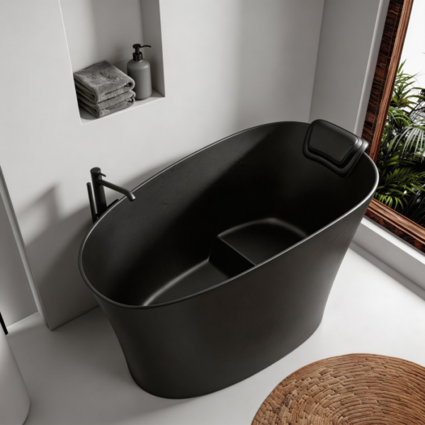 Matte white freestanding solid surface bathtub with seat and headrest in bathroom