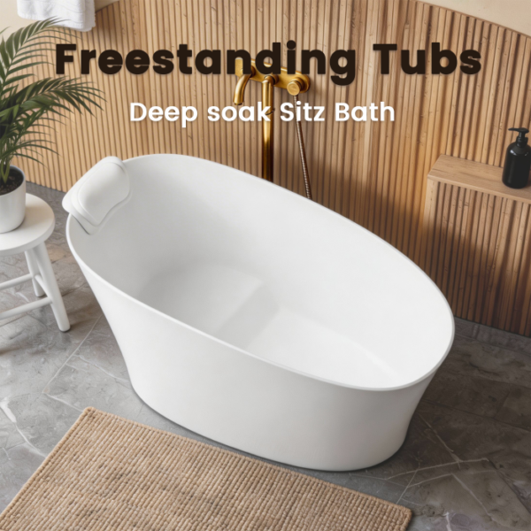 Matte white deep soak freestanding sitz bath tub with integrated headrest