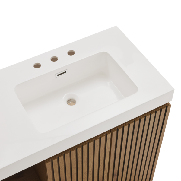 GALAN 60F" Knotty Oak Bathroom Vanity, Close-Up of White Quartz Double Sink & Fluted Cabinet