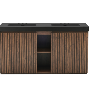 48 Inch Freestanding Walnut Bathroom Vanity with Black Engineered Stone Double Sink, Front View