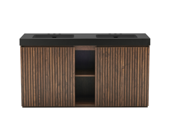 48 Inch Freestanding Walnut Bathroom Vanity with Black Engineered Stone Double Sink, Front View